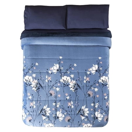 Vianney - Winter Arctic King Size Blanket - Floral Pattern Blue Pink - Ultra Soft Fur Texture for Cozy Warmth and Stylish Bedroom Decor