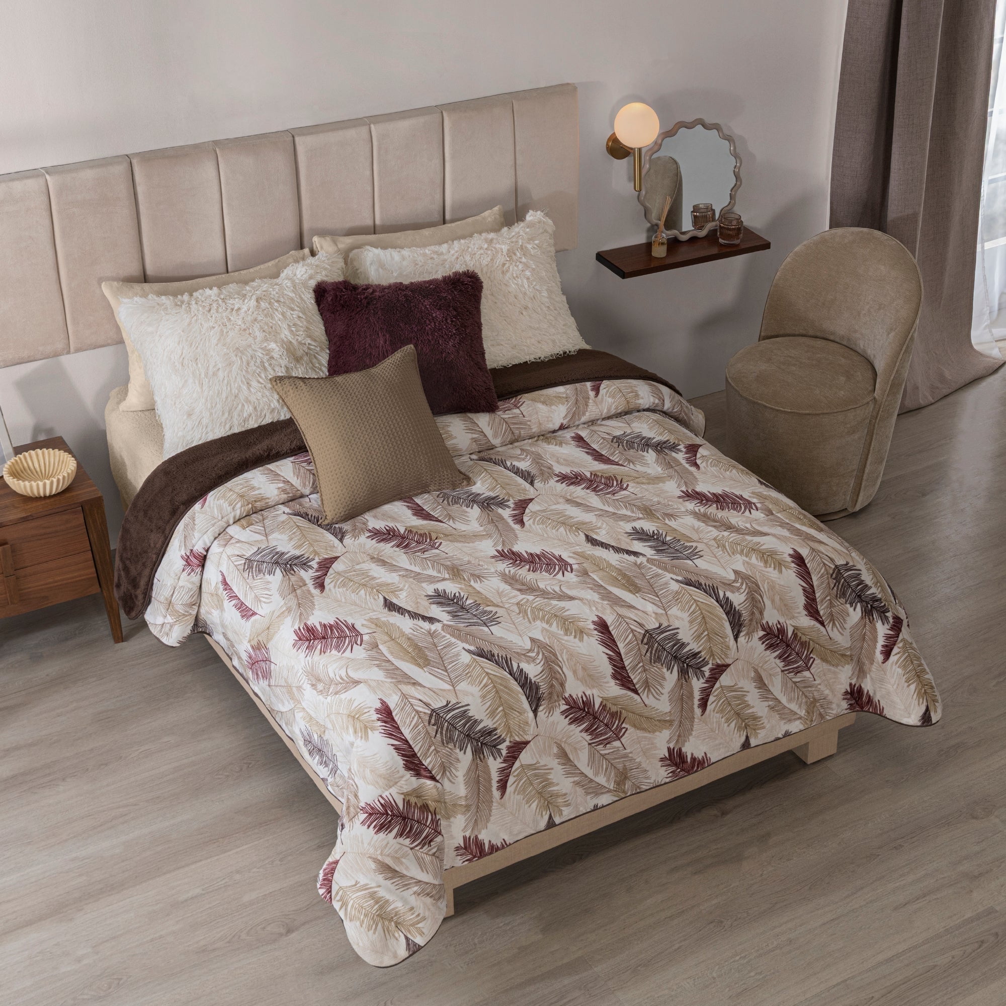 Vianney - Winter Blanket - Minsk/King Size - Beauty Soft Front with Premium Sherpa Backing for Extra Warmth and Cozy Texture in Earthy Feather Print 100% Polyester