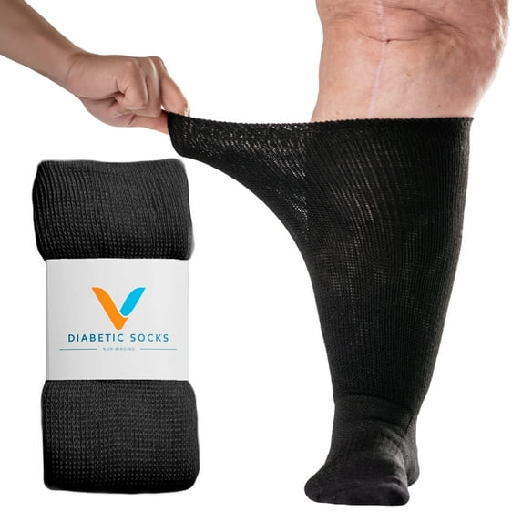 Viasox Black EasyStretch™ Diabetic Socks for Men & Women, Non Binding Top, Seamless Toe, Loose Fit, Large 9-12