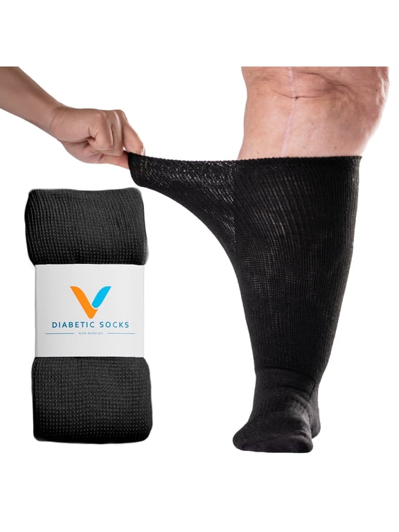 Black EasyStretch™ Diabetic Socks for Men & Women, Non Binding Top, Seamless Toe, Loose Fit, Medium 5-9