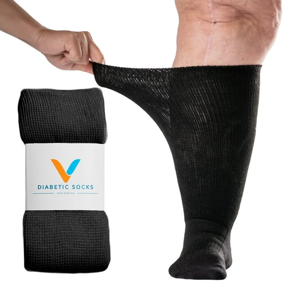 Viasox Black EasyStretch™ Diabetic Socks for Men & Women, Non Binding Top, Seamless Toe, Loose Fit, X-Large 12-14