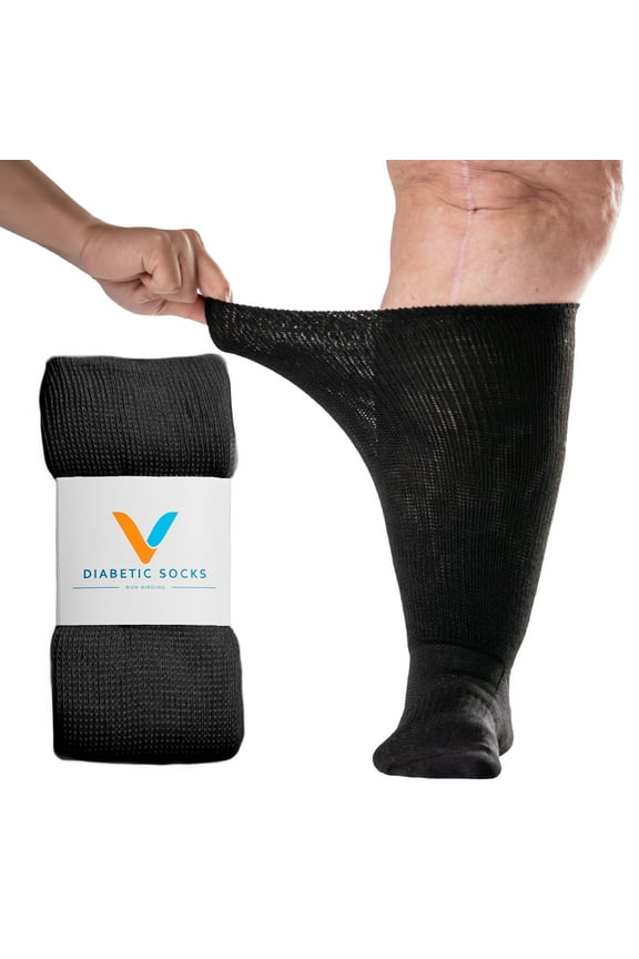 Black EasyStretch™ Diabetic Socks for Men & Women, Non Binding Top, Seamless Toe, Loose Fit, X-Large 12-14