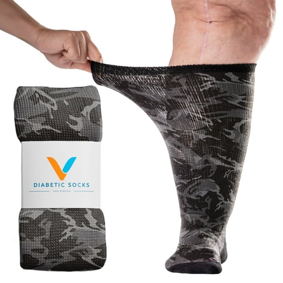 Viasox Camo EasyStretch Diabetic Socks for Men & Women, Non Binding Top, Seamless Toe, Loose Fit, Medium 5-9