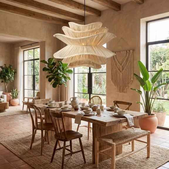 Viaurbe Boho Multi-Layer Woven Rattan Chandelier Organic Handcrafted Wicker Pendant Lamp