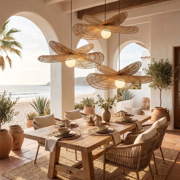 Viaurbe Double Leaf Handwoven Rattan Hanging Light Boho Wabi Sab Organic Wicker Pendant Fixture