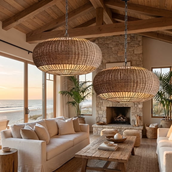 Viaurbe Hand-Woven Rattan Wicker Pendant Light Bohemian Style Ceiling Fixture for Dining Room Kitchen and Living Room