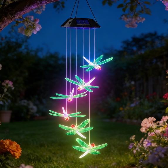 VibHome Outdoor Solar Wind Chime Garden Balcony Dragonflies LED Courtyard Decoration Hanging Metal Wind Chime Light For Patio Yard Home