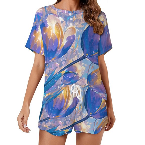 Vibe Blooming Tulips 2 Pack Women’s Pajama Set Print Sleepwear And Shorts Y2k Loungewear Sets S-5XL