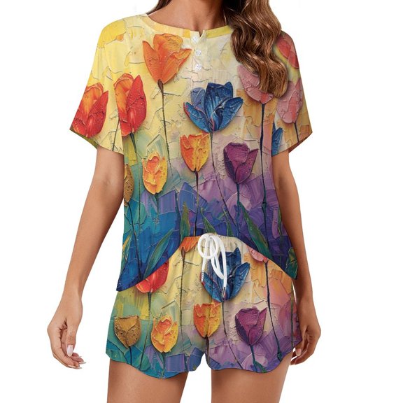 Vibe Blooming Tulips 2 Pack Women’s Pajama Set Print Sleepwear And Shorts Y2k Loungewear Sets S-5XL