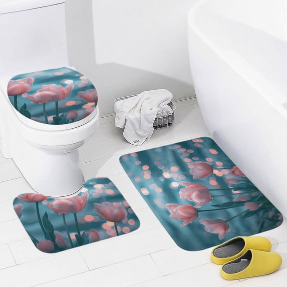 Vibe Blooming Tulips 3 Piece Bath Rugs Mat Set, Flannel Mats, Machine Washable Carpets Mat for Bathroom Kitchen, Tub Toilet Contour Mat Lid Cover