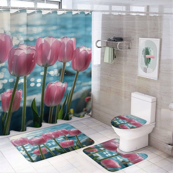 Vibe Blooming Tulips 4 Piece Shower Curtain Sets, Non-Slip Rugs, Toilet Lid Cover And Bath Mat, for Bathroom Decor Set, 72" X 72"