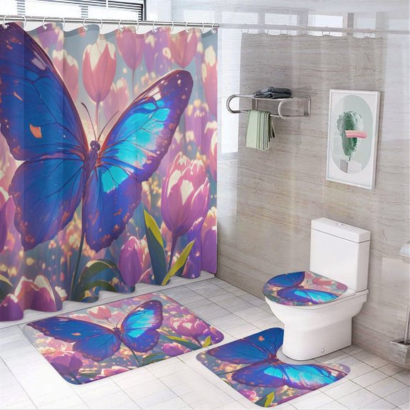 Vibe Blooming Tulips 4Pcs Shower Curtain Set Shower Curtain Set with Carpet Bath Mat