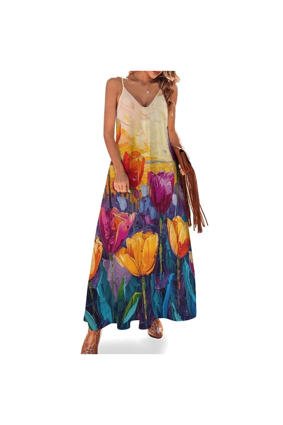 Vibe Blooming Tulips Design Sleeveless Dress Woman Fashion Long Dresses Women's Summer Suit Dress 2025