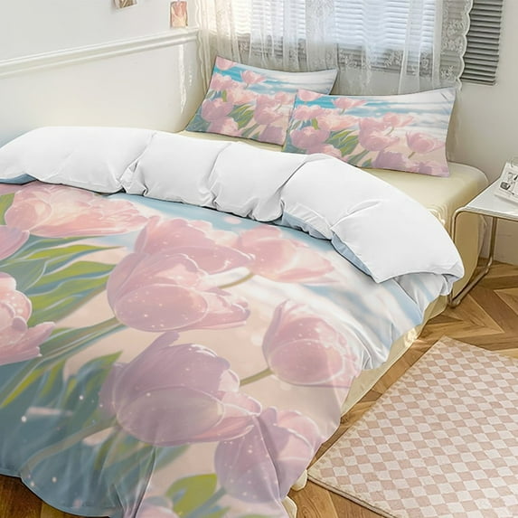Vibe Blooming Tulips Duvet Cover Set King Size for Bedroom Decoration Print Bedding Set Comforter Cover Decorative Microfiber with 2 Pillow Sham Multicolor