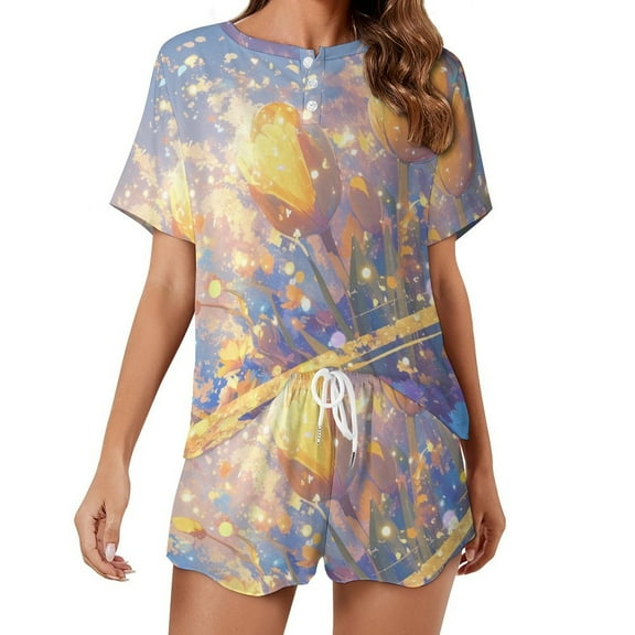Vibe Blooming Tulips Pajama Set for Women 2 Piece Sleepwear Loungewear Short Sleeve