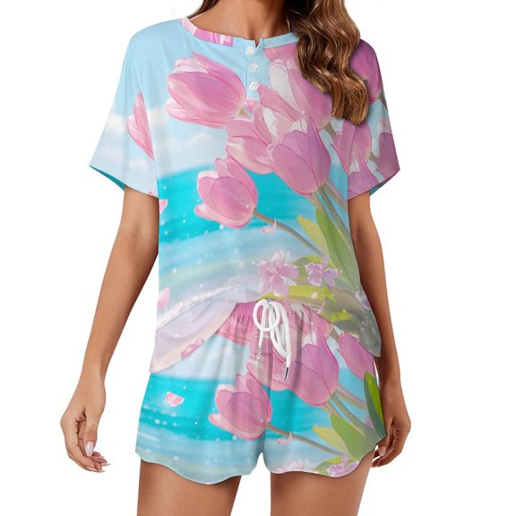 Vibe Blooming Tulips Pajamas Set Womens Loungewear Sleepwear 2 Piece PJ Sets