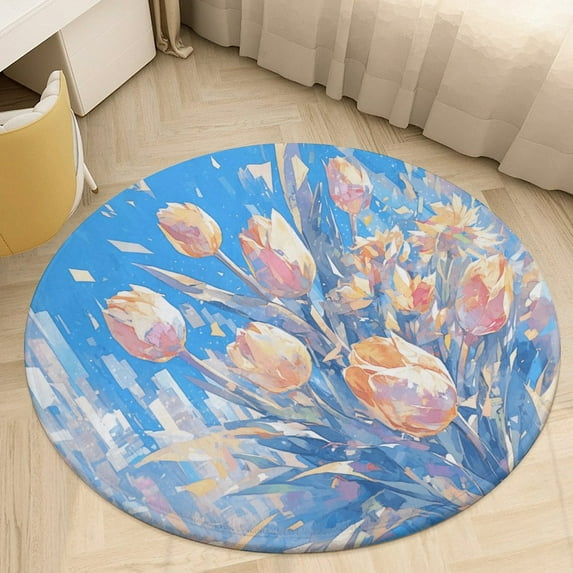 Vibe Blooming Tulips Round Rugs -Washable Non-Slip Small Round Area Rug Throw Soft Circle Rugs for Bedroom, Modern Print Indoor Carpet for Entryway Sofa Living Room