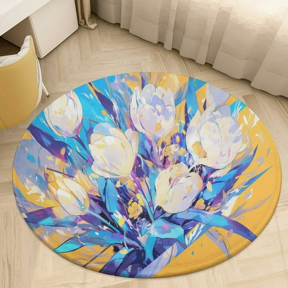 Vibe Blooming Tulips Round Small Area Rug, Print Non Slip Washable Floor Mat, Soft Throw Rug for Living Room, Powder Room Entryway, Bathroom, Bedside
