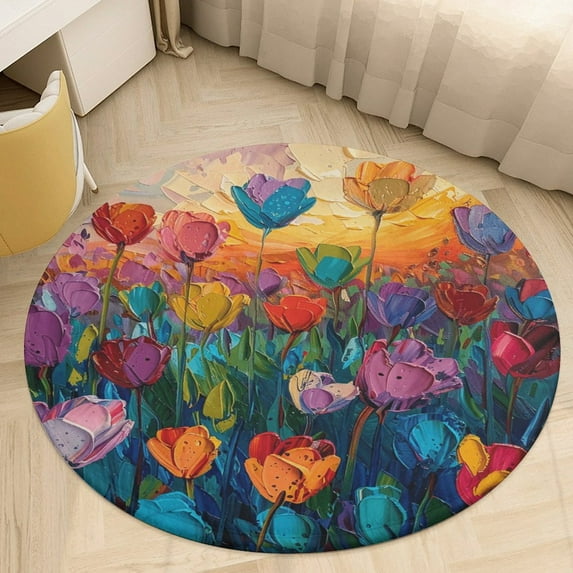 Vibe Blooming Tulips Round Small Area Rug, Print Non Slip Washable Floor Mat, Soft Throw Rug for Living Room, Powder Room Entryway, Bathroom, Bedside