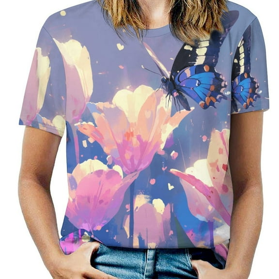 Vibe Blooming Tulips T Shirts Basic T-Shirt Short Sleeve Ladies Tee Shirt Summer Graphic Clothing