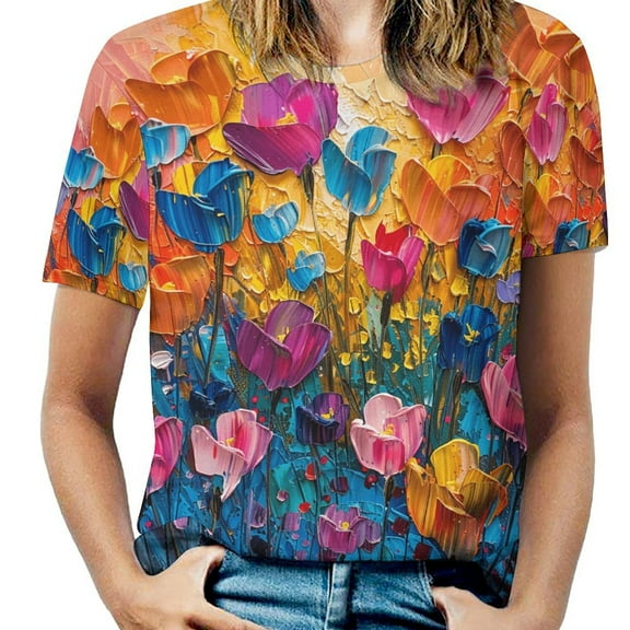 Vibe Blooming Tulips T Shirts Basic T-Shirt Short Sleeve Ladies Tee Shirt Summer Graphic Clothing