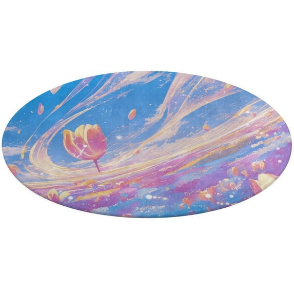 Vibe Blooming Tulips Washable Round Rug -Circle Area Rugs for Nursery Bedroom, Vintage Non Slip Non Shedding Low Pile Carpet for Living Room Coffee Table Entryway