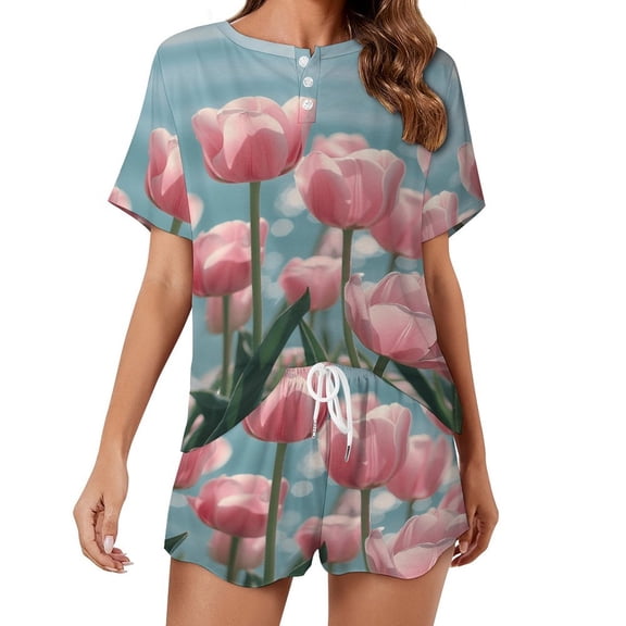 Vibe Blooming Tulips Women's Ruffle Short Sleeve Tops And Shorts Cute Peeps Bunny Pajamas Sets