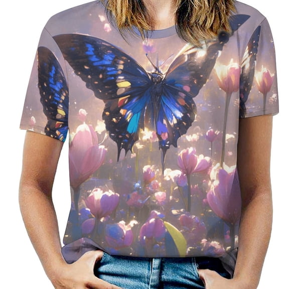 Vibe Blooming Tulips Women's Short Sleeve T-Shirt Crew Neck Casual Summer Trendy Loose Fit Tops