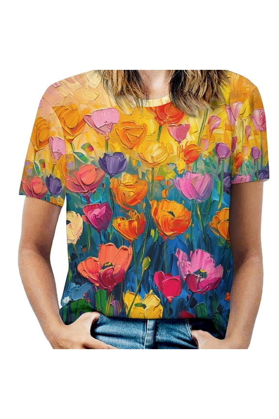 Vibe Blooming Tulips Women's Short Sleeve Tops Casual Blouses T Shirt