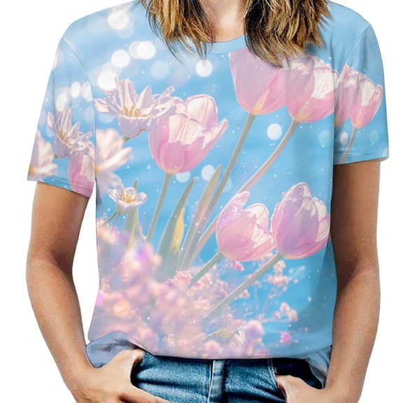 Vibe Blooming Tulips Women's Short Sleeve Tops Casual Blouses T Shirt