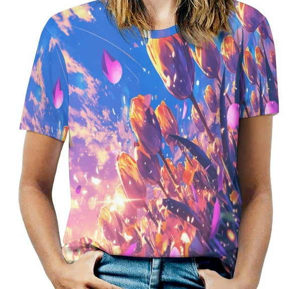 Vibe Blooming Tulips Women's Short Sleeve Tops Casual Blouses T Shirt