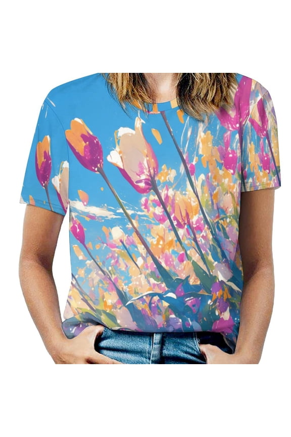 Vibe Blooming Tulips Women's Short Sleeve Tops Casual Blouses T Shirt