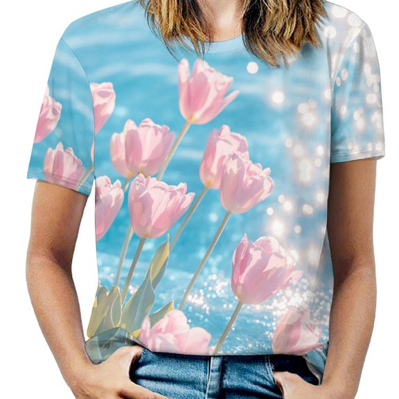 Vibe Blooming Tulips Women's T-Shirt Short Sleeve T Shirts Tops Tee Ladies Loose T