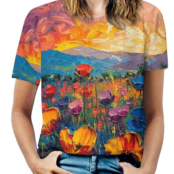 Vibe Blooming Tulips Women's T-Shirt Short Sleeve T Shirts Tops Tee Ladies Loose T