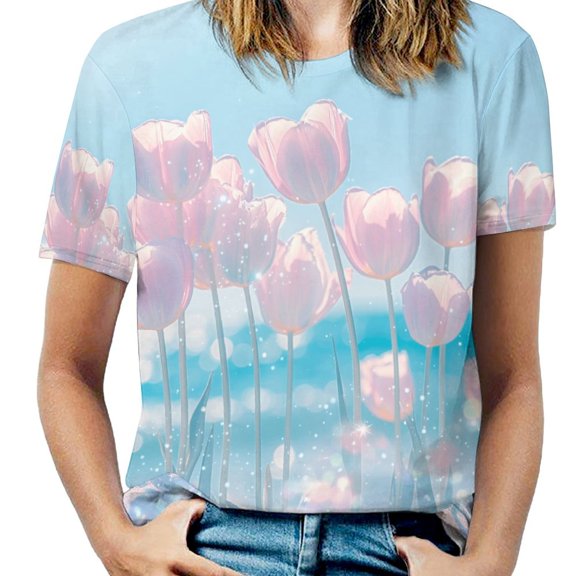 Vibe Blooming Tulips Women's T-Shirt Short Sleeve T Shirts Tops Tee Ladies Loose T