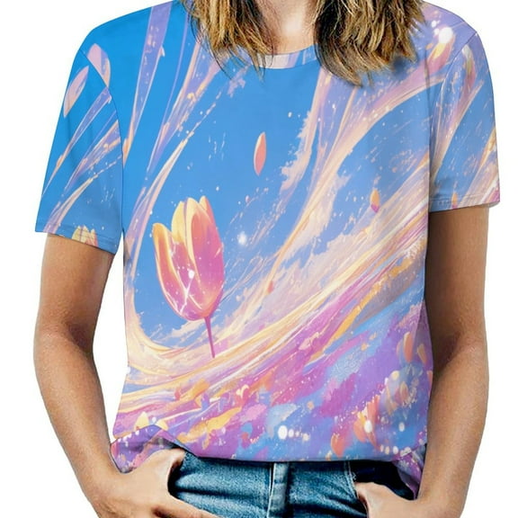 Vibe Blooming Tulips Womens Tops Women's Fashion Casual Short Sleeve Flower Print Round Neck Pullover Top Blouse