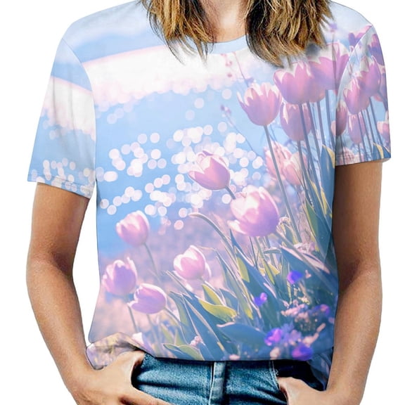 Vibe Blooming Tulips Womens Tops Women's Fashion Casual Short Sleeve Flower Print Round Neck Pullover Top Blouse