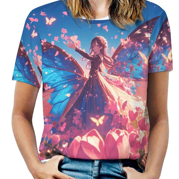 Vibe Blooming Tulips Womens Tops Women's Fashion Casual Short Sleeve Flower Print Round Neck Pullover Top Blouse