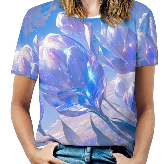 Vibe Blooming Tulips Womens Tops Women's Fashion Casual Short Sleeve Flower Print Round Neck Pullover Top Blouse