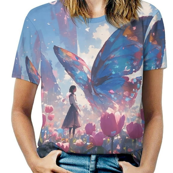 Vibe Blooming Tulips Womens Tops Women's Fashion Casual Short Sleeve Flower Print Round Neck Pullover Top Blouse