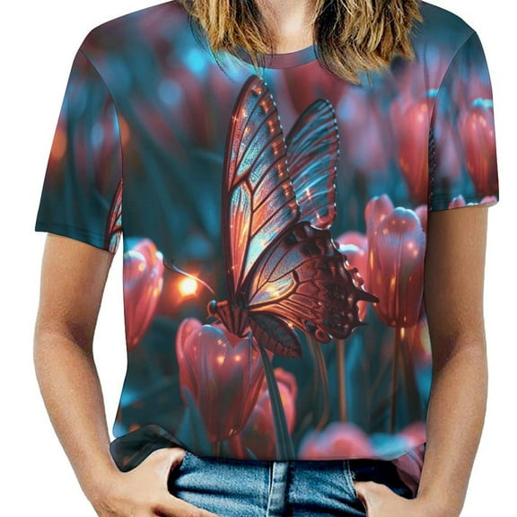 Vibe Blooming Tulips Womens Tops Women's Fashion Casual Short Sleeve Flower Print Round Neck Pullover Top Blouse