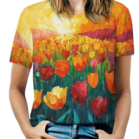 Vibe Blooming Tulips Womens Tops Women's Fashion Casual Short Sleeve Flower Print Round Neck Pullover Top Blouse