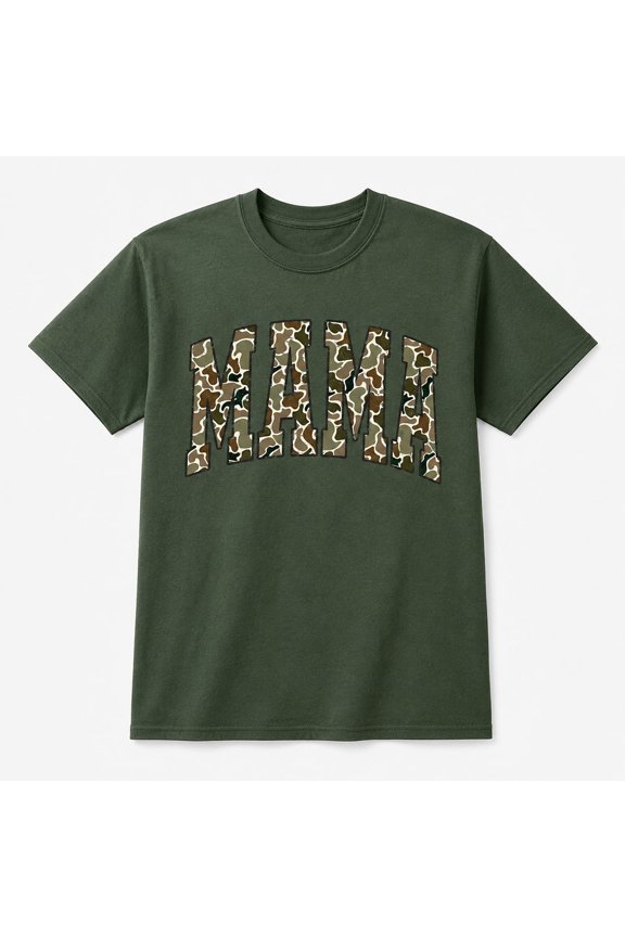 Camo Mama Varsity, Retro Camouflage Mom Graphic, Unisex Cotton Tee