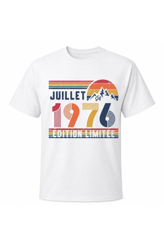 Juillet 1975 Retro Mountain Unisex Graphic T-Shirt, 100% Cotton Short Sleeve Crew Neck Classic Fit Casual Streetwear for Men and Women
