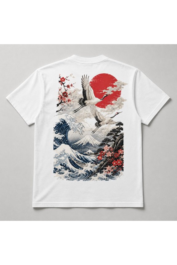 Men's Wave and Crane Graphic T-Shirt, Japanese-Inspired Back Print Cotton Tee