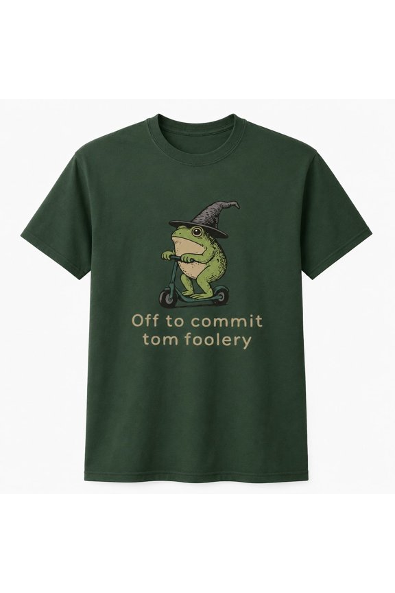 Off To Commit Tom Foolery Frog T-Shirt, Funny Wizard Frog on Scooter Meme Tee, Unisex Cotton Graphic Top