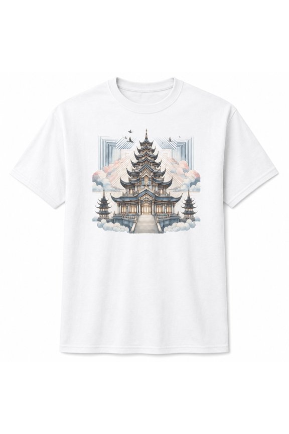 Pagoda Temple Unisex Graphic T-Shirt, 100% Cotton Short Sleeve Crew Neck Classic Fit Casual Streetwear for Men and Women
