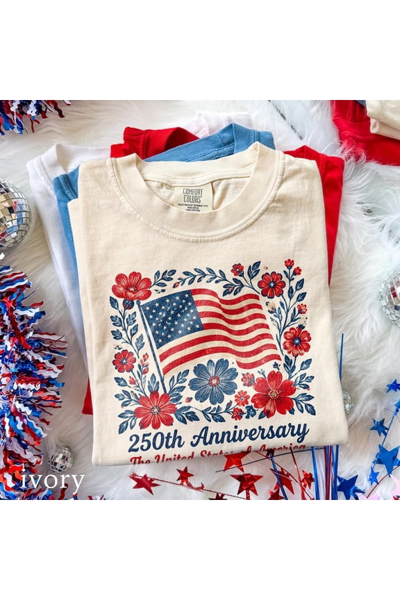 Unisex 250th Anniversary United States of America Floral Flag Patriotic Garment Dyed Graphic T-Shirt