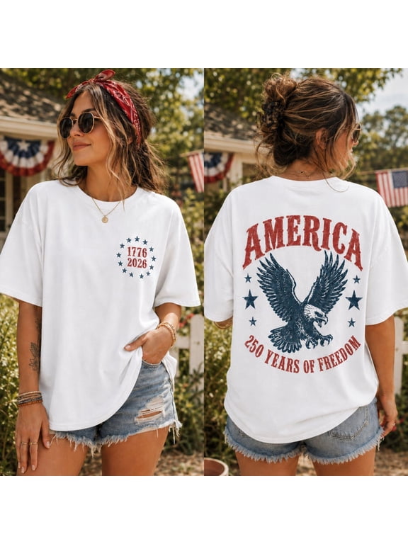 Unisex America Eagle 250 Years of Freedom 1776-2026 Patriotic Front Back Print Garment Dyed Graphic T-Shirt