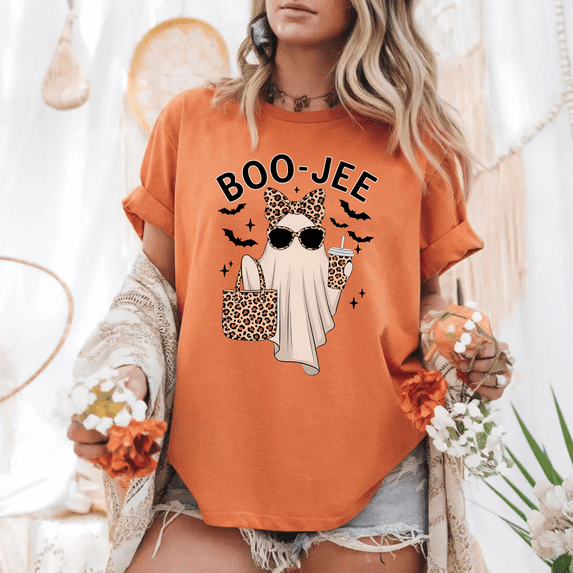 VibeNest Studio Unisex Boo-Jee Ghost Leopard Print Cute Halloween Fall Garment-Dyed Graphic Tee